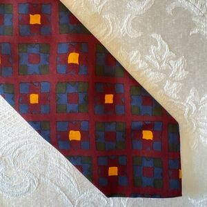 Paul Stuart Burgundy Silk Tie with Navy, Green and Gold Geometric Squares